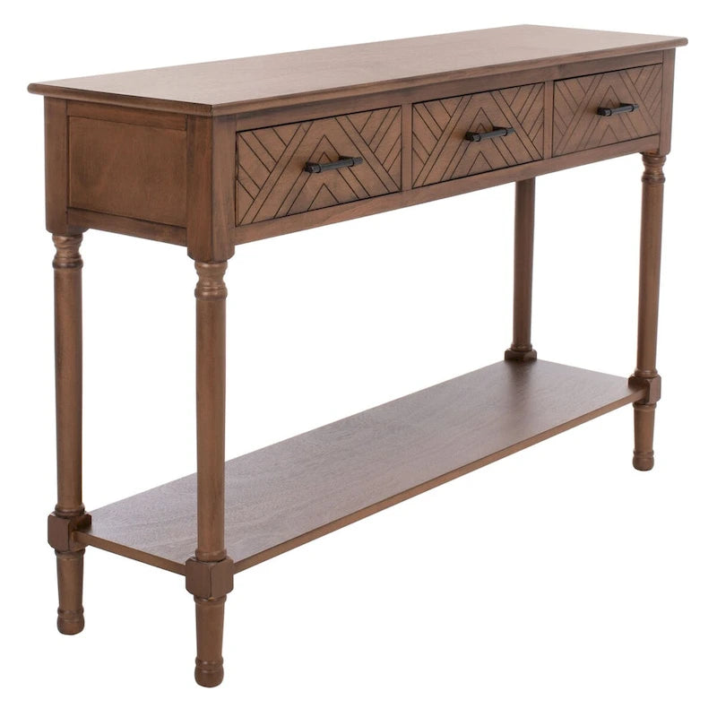 Greige / Brown / Black / Distressed White | 3-Drawer Herringbone Console Table with Bottom Shelf