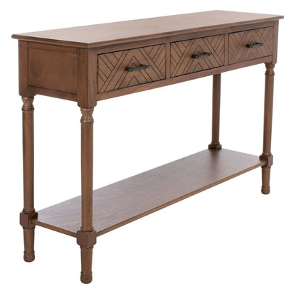 Greige / Brown / Black / Distressed White | 3-Drawer Herringbone Console Table with Bottom Shelf