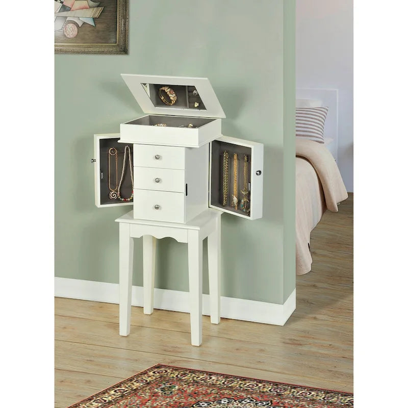Antique White Single-User Jewelry Armoire with Mirror