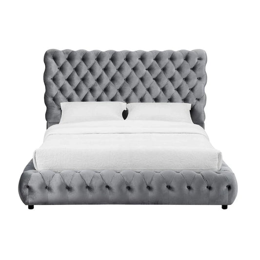 James King Size Bed, Platform Style, Button Tufted Gray Velvet Upholstery