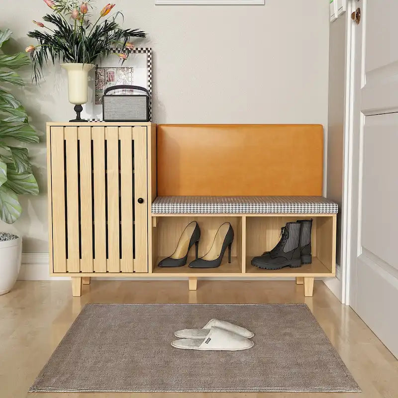 Wood Shoe Storage Bench with Houndstooth Cushion, 1-Seat