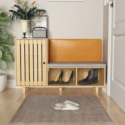 Wood Shoe Storage Bench with Houndstooth Cushion, 1-Seat