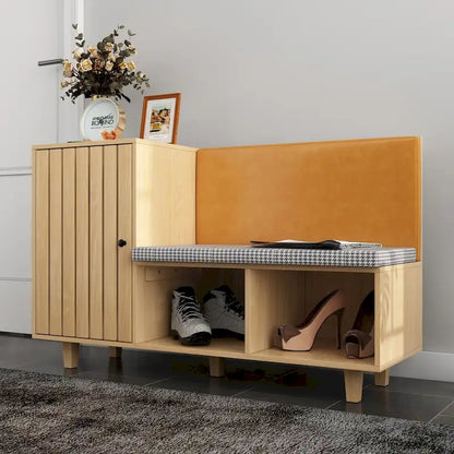 Wood Shoe Storage Bench with Houndstooth Cushion, 1-Seat