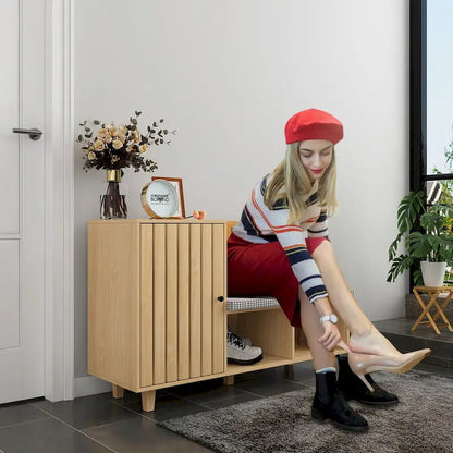 Wood Shoe Storage Bench with Houndstooth Cushion, 1-Seat