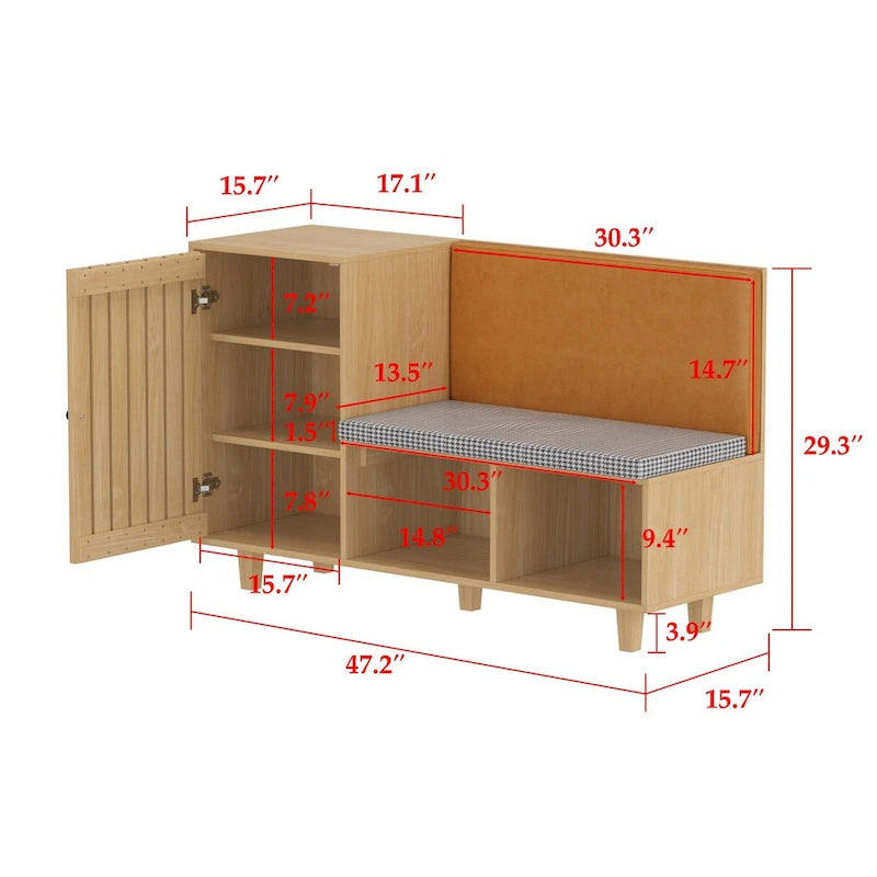 Wood Shoe Storage Bench with Houndstooth Cushion, 1-Seat