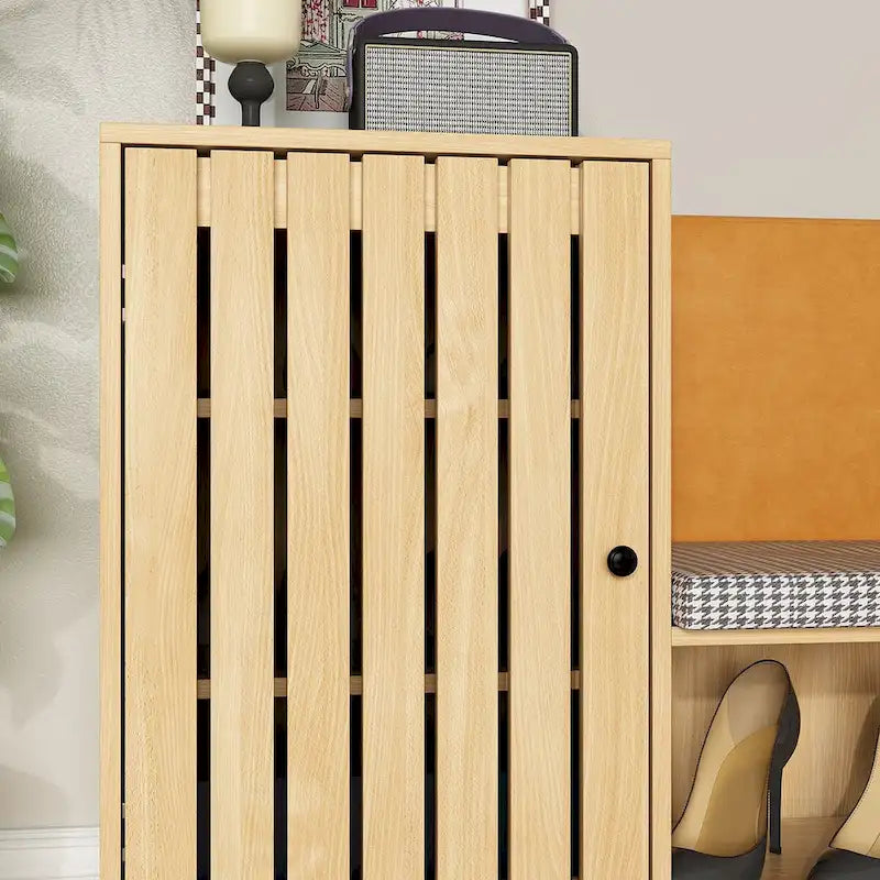 Wood Shoe Storage Bench with Houndstooth Cushion, 1-Seat