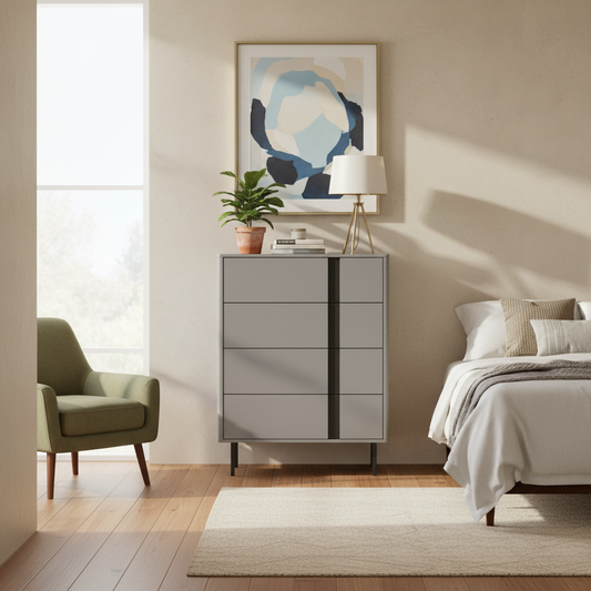 Grey 5-Drawer Wood Chest with Adjustable Metal Legs – Single
