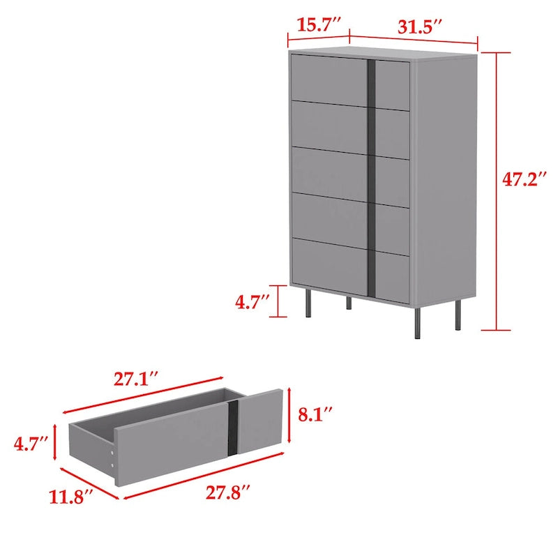 Grey 5-Drawer Wood Chest with Adjustable Metal Legs – Single