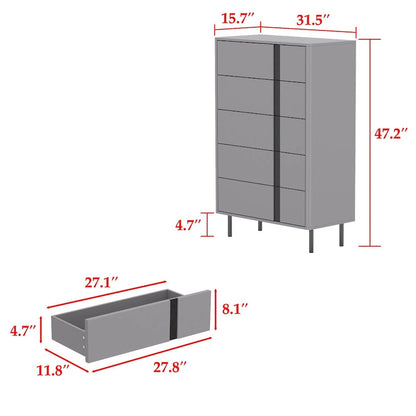 Grey 5-Drawer Wood Chest with Adjustable Metal Legs – Single