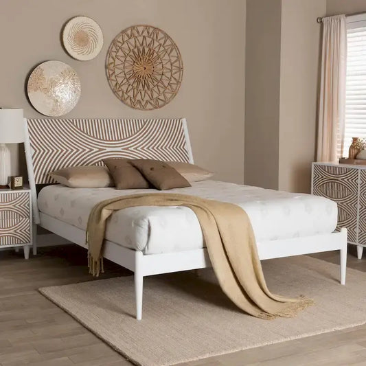 Louetta Coastal White Queen Size Platform Bed with Carved Contrasting Headboard