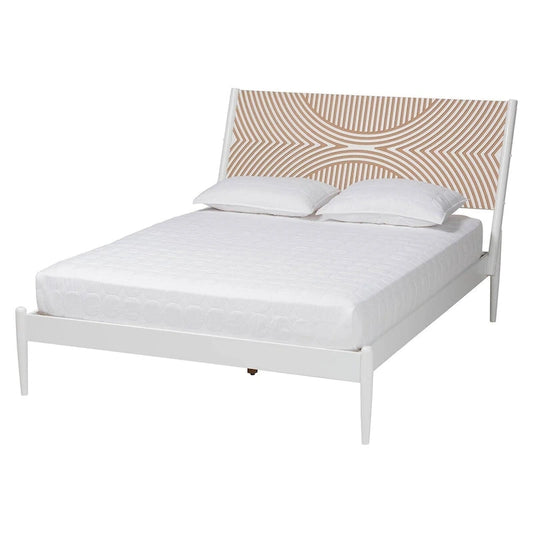 Louetta Coastal White Queen Size Platform Bed with Carved Contrasting Headboard