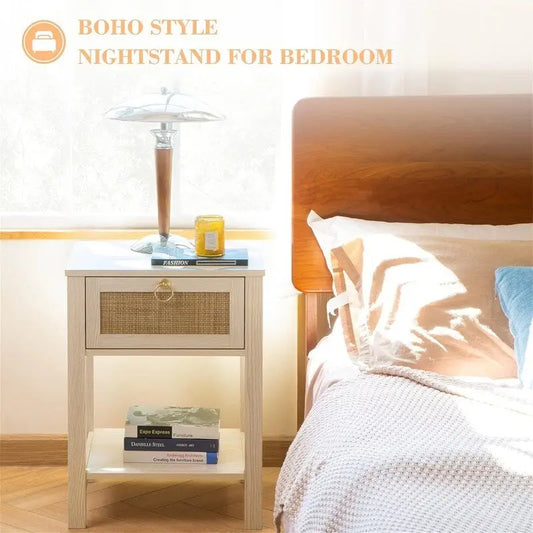 White Nightstand Set of 2 Rattan Decor Drawer