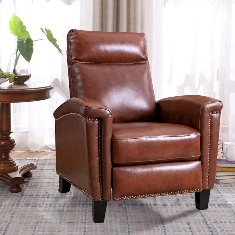 Brown Leather Pushback Recliner, Wingback Style, Single Seat
