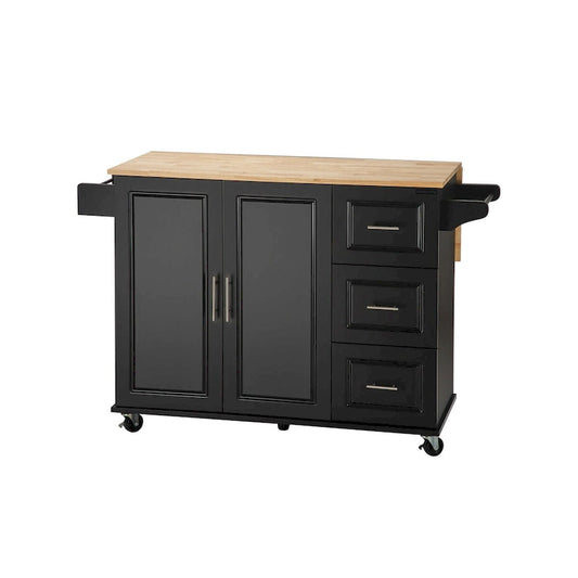 Mobile Kitchen Island Cart with Rubber Wood Top and 3 Drawers