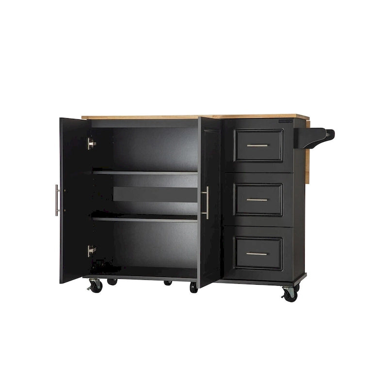 Mobile Kitchen Island Cart with Rubber Wood Top and 3 Drawers