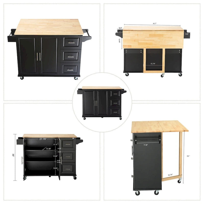 Mobile Kitchen Island Cart with Rubber Wood Top and 3 Drawers