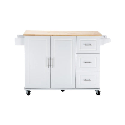 Mobile Kitchen Island Cart with Rubber Wood Top and 3 Drawers
