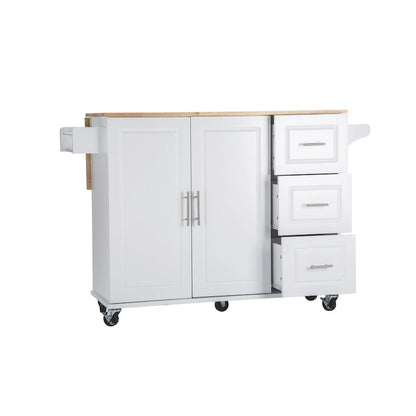 Mobile Kitchen Island Cart with Rubber Wood Top and 3 Drawers
