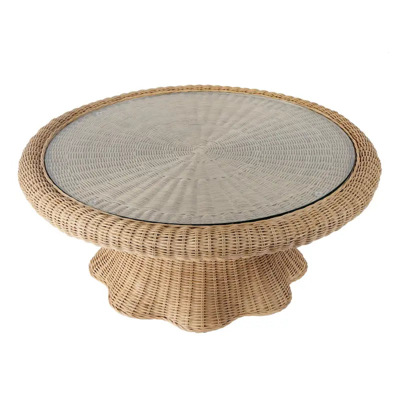 Natural Rattan Round Coffee Table with Glass Top and Scalloped Edge