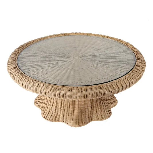 Natural Rattan Round Coffee Table, Glass Top, Scalloped Edge