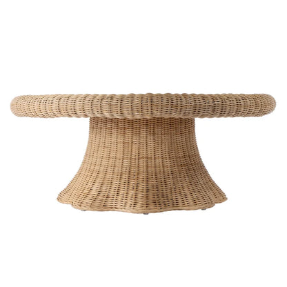 Natural Rattan Round Coffee Table with Glass Top and Scalloped Edge