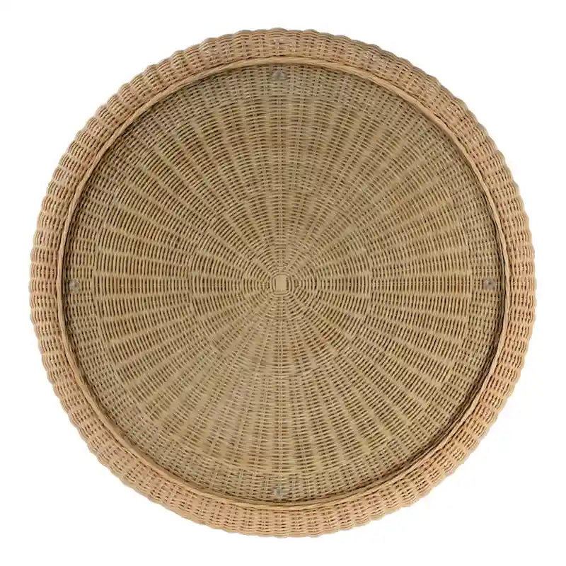 Natural Rattan Round Coffee Table with Glass Top and Scalloped Edge