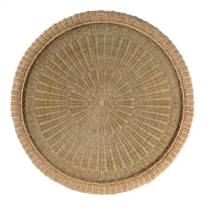 Natural Rattan Round Coffee Table with Glass Top and Scalloped Edge