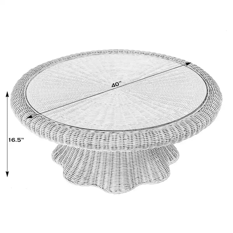 Natural Rattan Round Coffee Table with Glass Top and Scalloped Edge