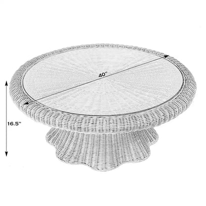 Natural Rattan Round Coffee Table with Glass Top and Scalloped Edge