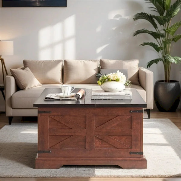 Farmhouse Coffee Table,Square Wood Center Table w/Storage Compartment