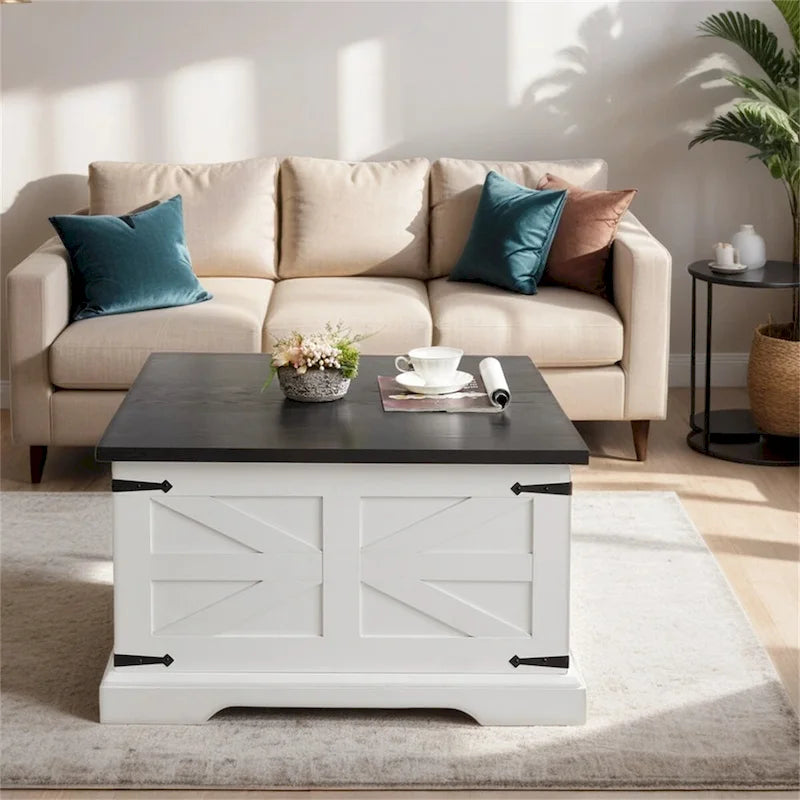 White & Oak Square Lift-Top Coffee Table with Hidden Storage