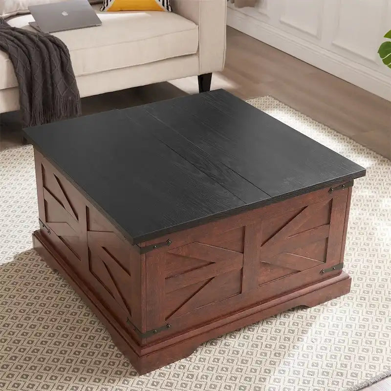 White & Oak Square Lift-Top Coffee Table with Hidden Storage