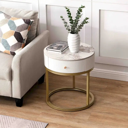 19.68 Inch Marble Round End Table with storage, Modern Nightstand with Drawer, Side Table for Living Room&Bedroom