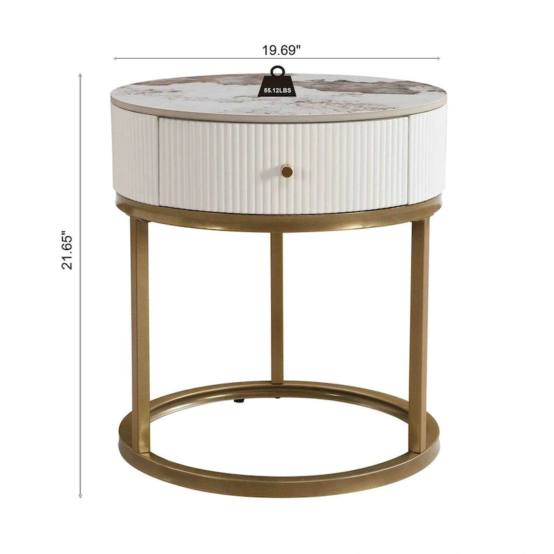 19.68 Inch Marble Round End Table with storage, Modern Nightstand with Drawer, Side Table for Living Room&Bedroom