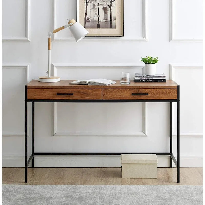 Oak Brown & Dark Brown 2-Drawer Writing Desk, 1-Person