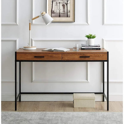 Oak Brown & Dark Brown 2-Drawer Writing Desk, 1-Person