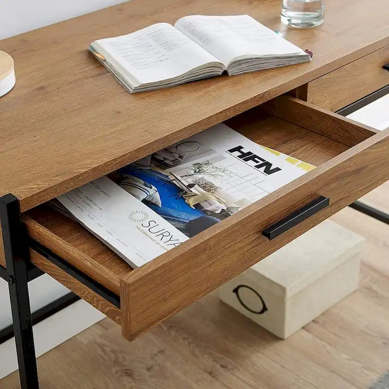 Oak Brown & Dark Brown 2-Drawer Writing Desk, 1-Person