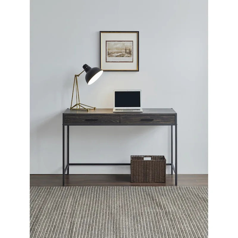 Oak Brown & Dark Brown 2-Drawer Writing Desk, 1-Person