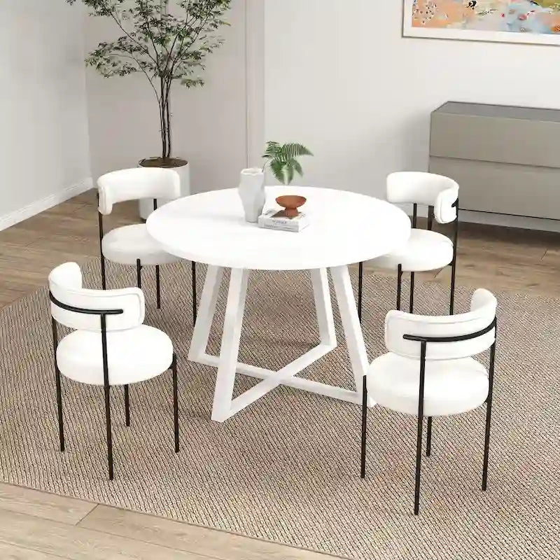 Durban 5-Piece Round Dining Set, Trestle Dining Table with 4 Boucle Chairs for Breakfast Nook, Kitchen, Living Room