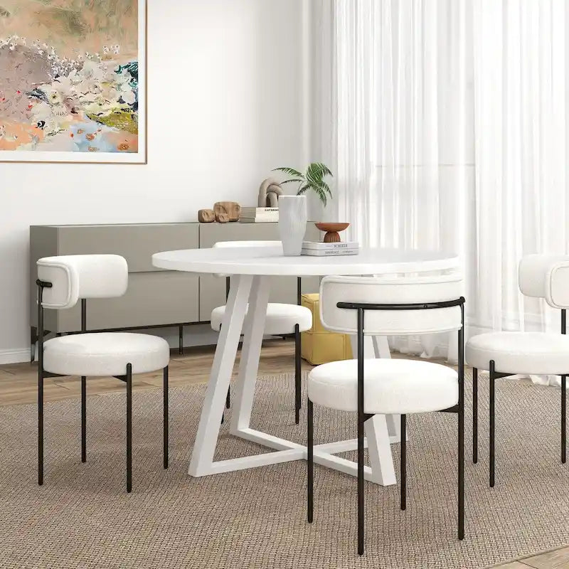 Durban 5-Piece Round Dining Set, Trestle Dining Table with 4 Boucle Chairs for Breakfast Nook, Kitchen, Living Room